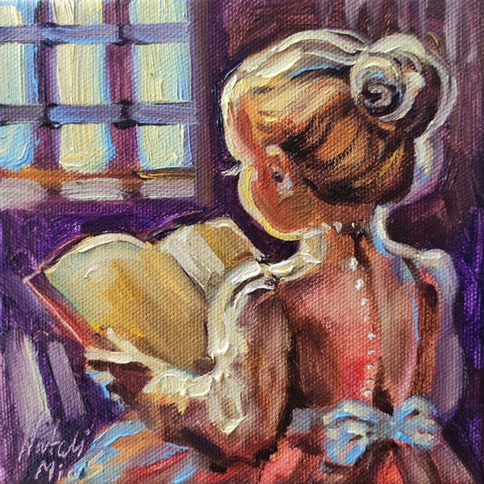 Little girl is reading. Original oil painting 6x6''. Cottagecore painting. Books lover gift