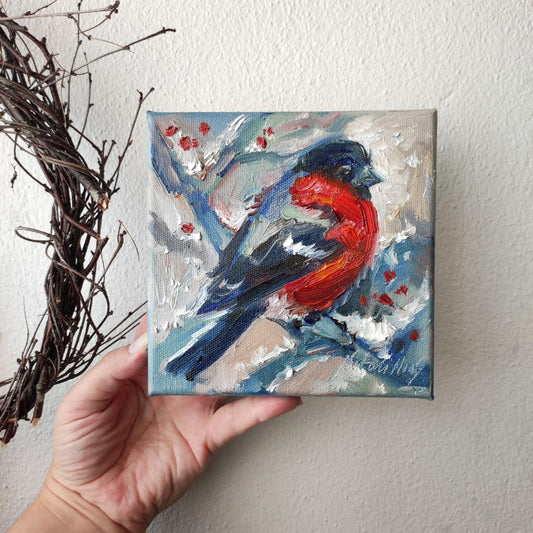 Bullfinch bird, Original oil painting 6x6''. Winter mood wall art.