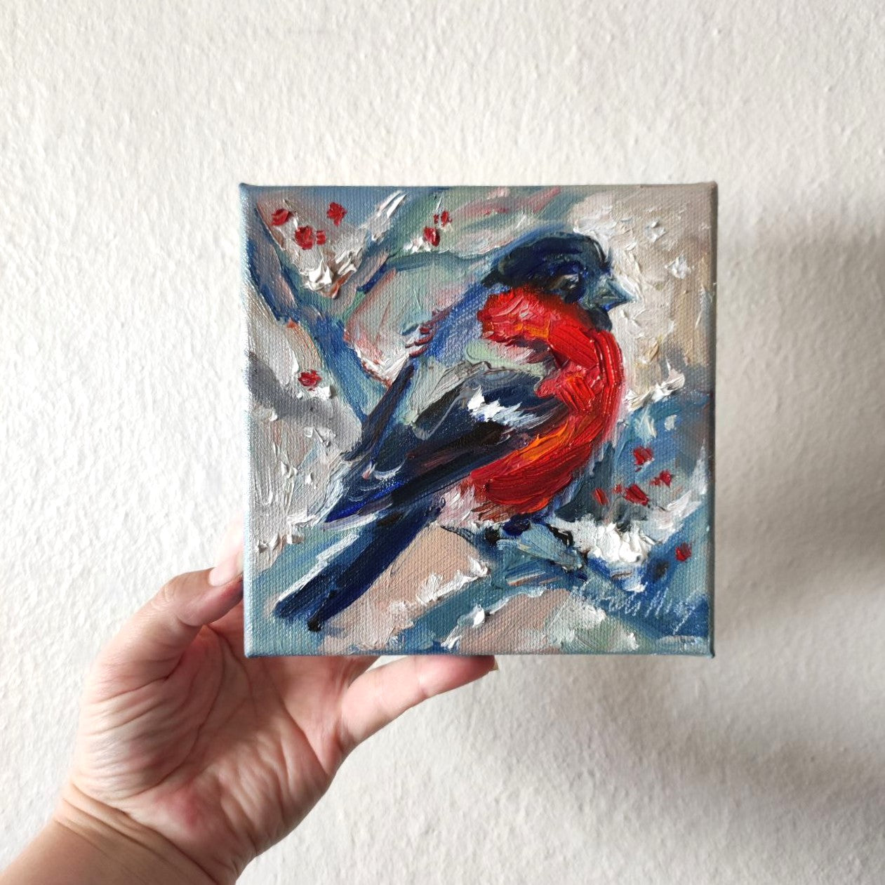 Bullfinch bird, Original oil painting 6x6''. Winter mood wall art.