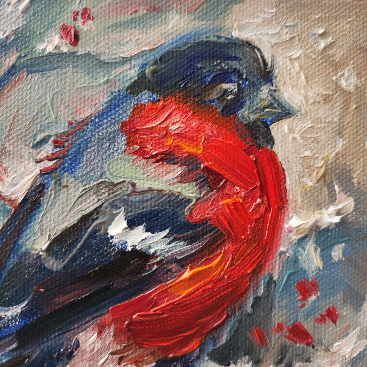 Bullfinch bird, Original oil painting 6x6''. Winter mood wall art.