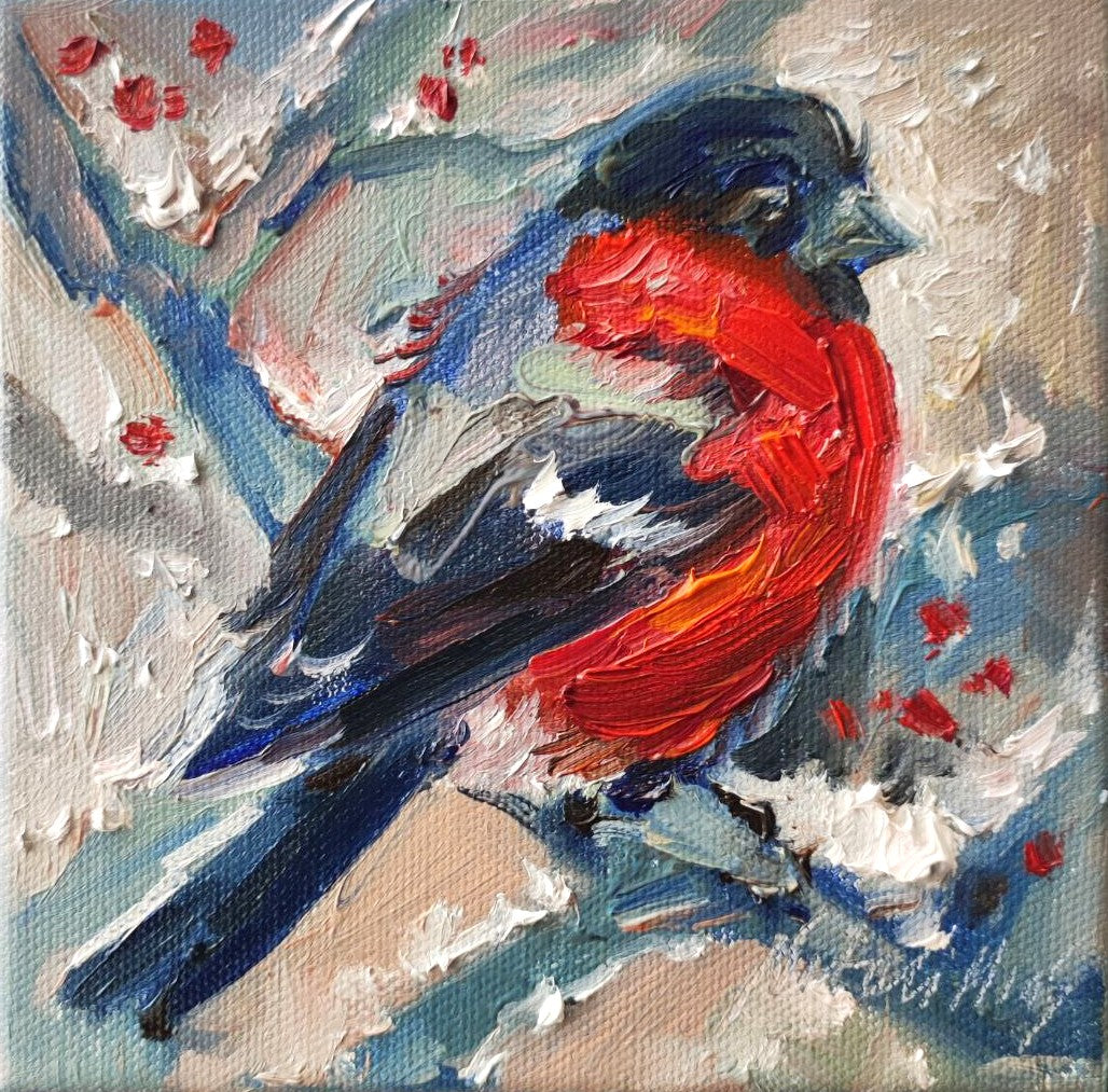 Bullfinch bird, Original oil painting 6x6''. Winter mood wall art.