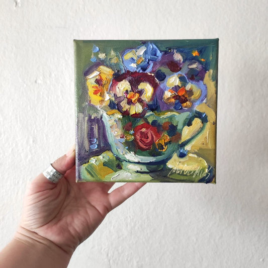 Pansy flowers in vintage cup, original oil painting 6x6''. Cottagecore style wall art.