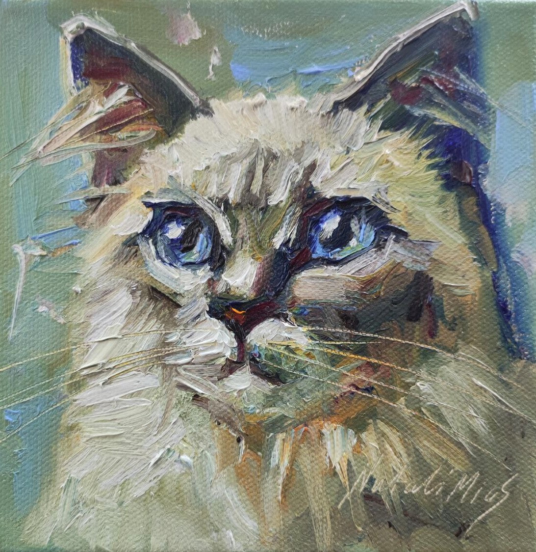 Fluffy cat portrait. Original oil painting 6 by 6". Hand Painted Small Artwork.