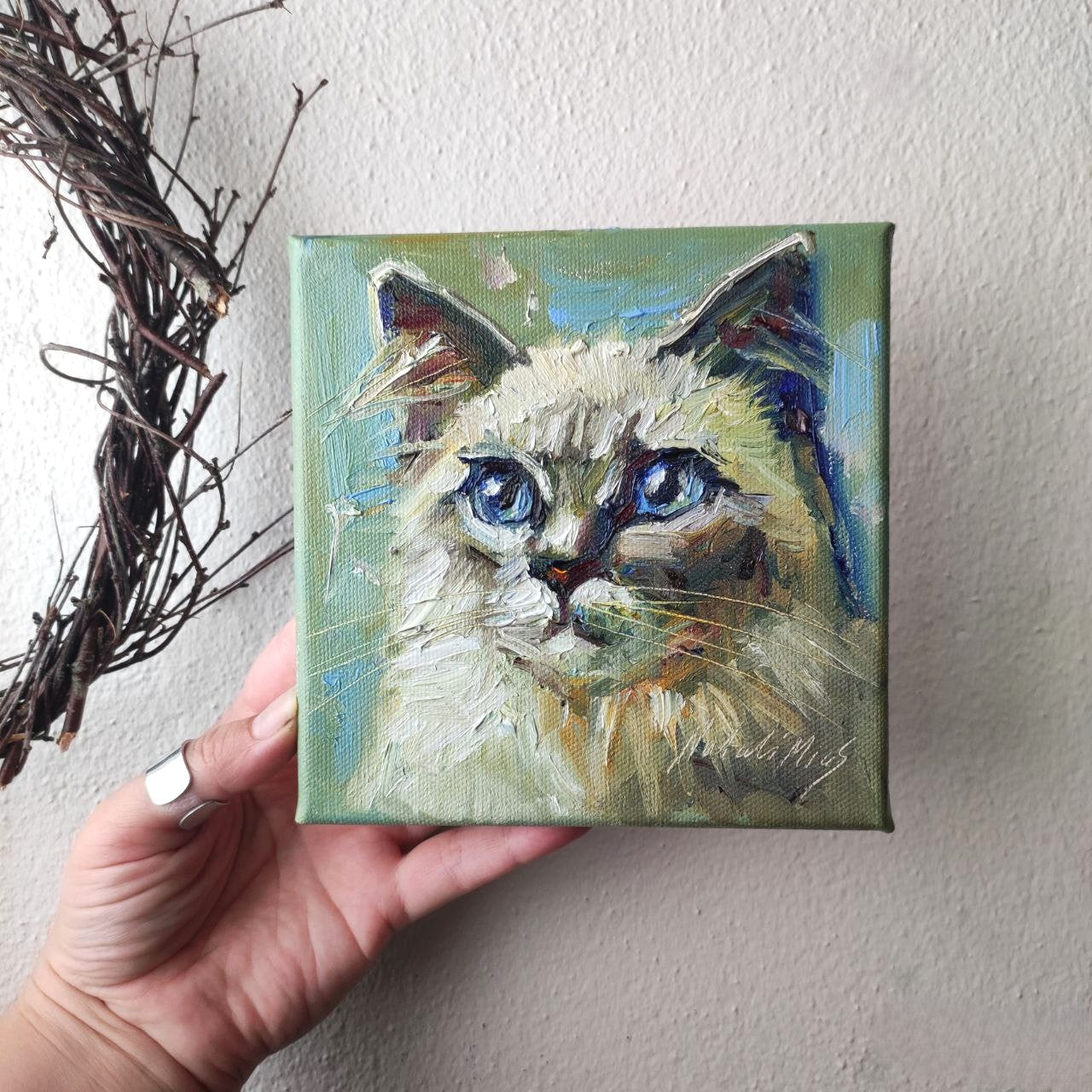 Fluffy cat portrait. Original oil painting 6 by 6". Hand Painted Small Artwork.