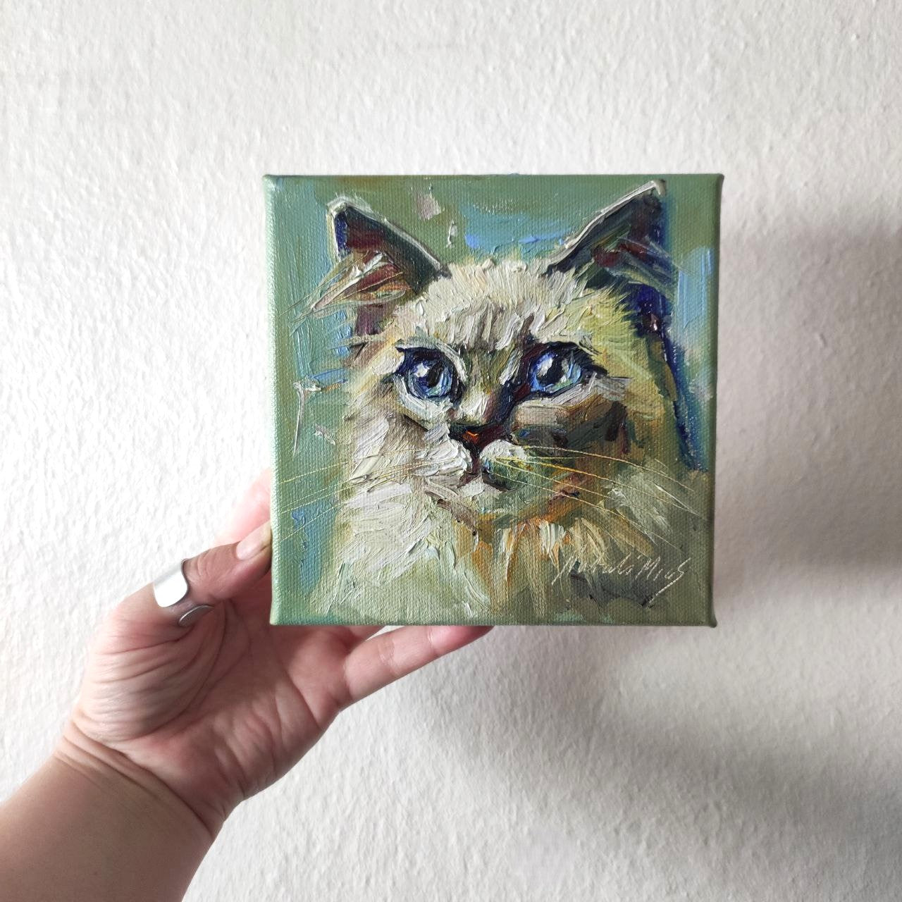 Fluffy cat portrait. Original oil painting 6 by 6". Hand Painted Small Artwork.