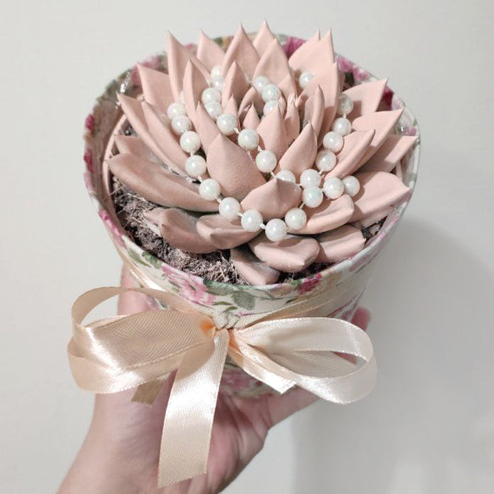 🌸 Juhlavasti koristeltu echeveria – herkkä lahjakasvi ruukussa ✨