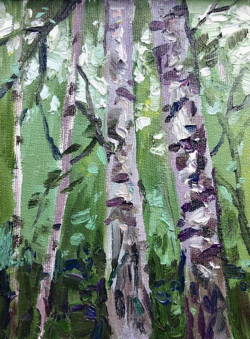 Original oil painting birch trees landscape. Summer landscape birch tree oil painting. Classic impasto impressionist oil painting