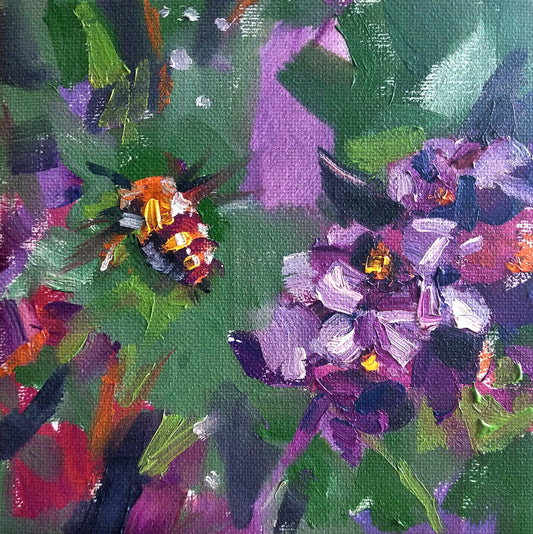 Original oil painting bee. Bumblebee art work. Cottagecore garden wall art. Bee painting. Tiny oil painting on canvas board.