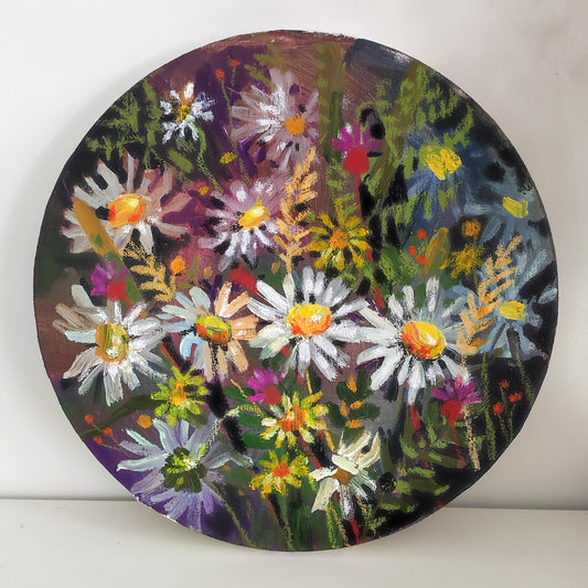 Original oil painting wildflowers. Cottagecore daisy round wall art. Oil painting in shape of circle, oil pastel painting flowers, round art