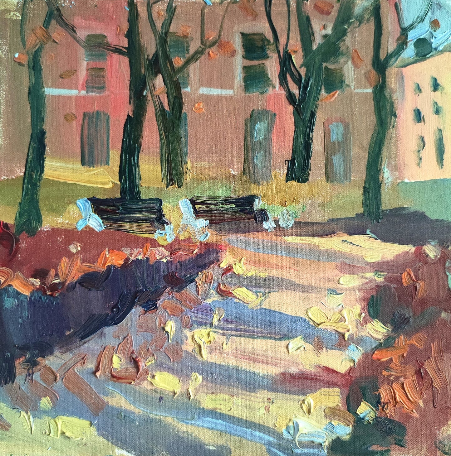 Original oil painting autumn landscape, cityscape Saint-Petersburg. 8x8 inch. Fall landscape painting. Plein air impressionist oil painting