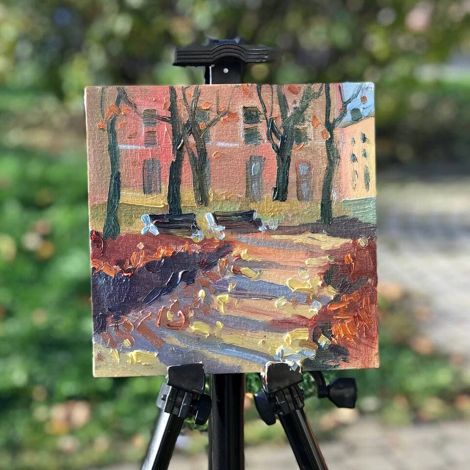 Original oil painting autumn landscape, cityscape Saint-Petersburg. 8x8 inch. Fall landscape painting. Plein air impressionist oil painting