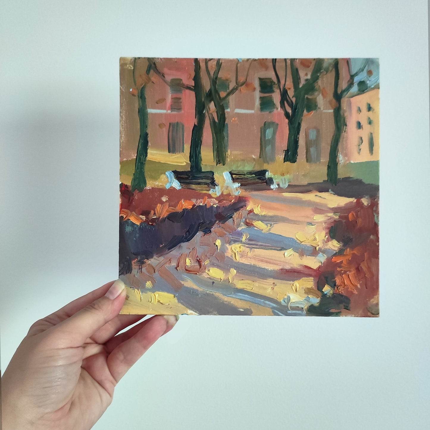 Original oil painting autumn landscape, cityscape Saint-Petersburg. 8x8 inch. Fall landscape painting. Plein air impressionist oil painting