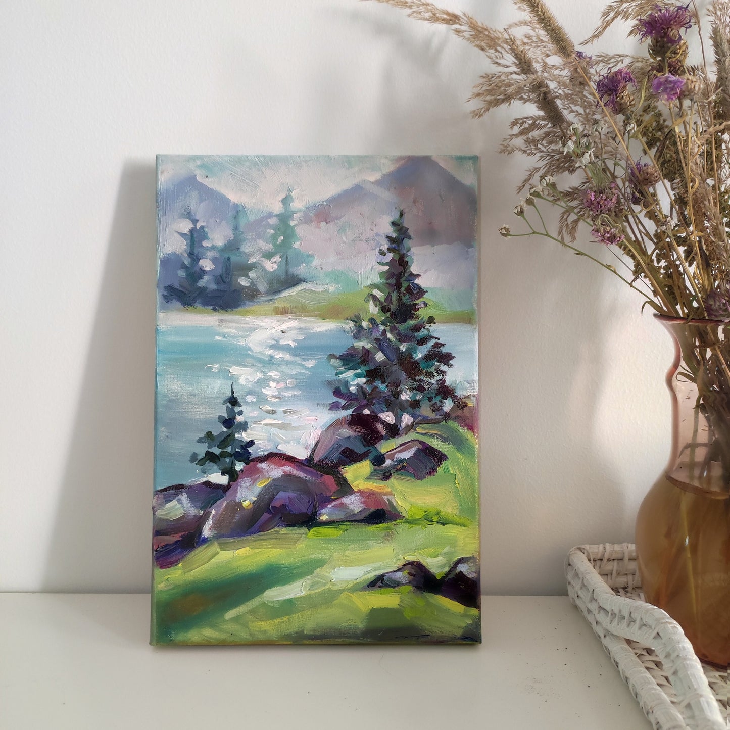 Original oil painting mountain river landscape, spruce painting on canvas. 8x12 inch. Mountains oil painting river painting landscape