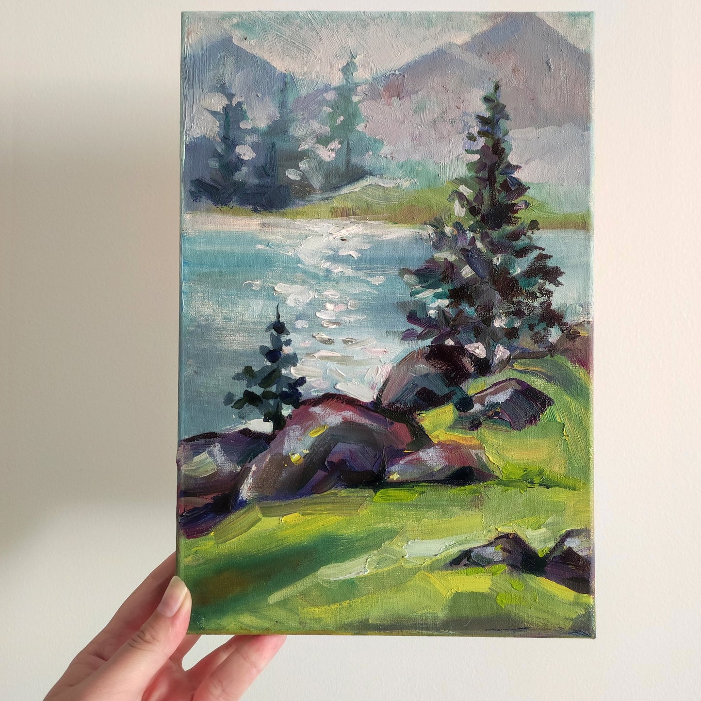 Original oil painting mountain river landscape, spruce painting on canvas. 8x12 inch. Mountains oil painting river painting landscape