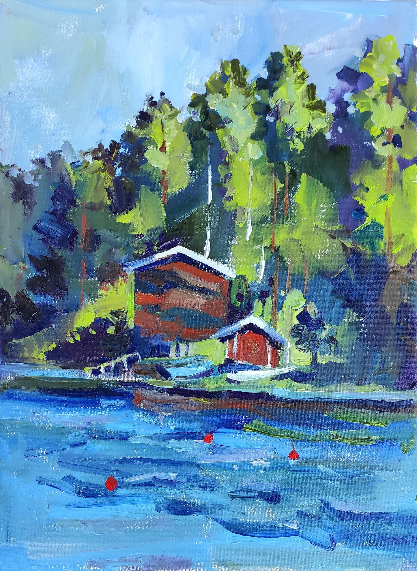 Original oil painting Nordic landscape. Summer landscape lake house scandinavian oil painting. Impressionist Finnish lake oil painting