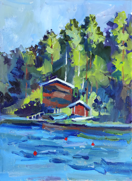 Original oil painting Nordic landscape. Summer landscape lake house scandinavian oil painting. Impressionist Finnish lake oil painting