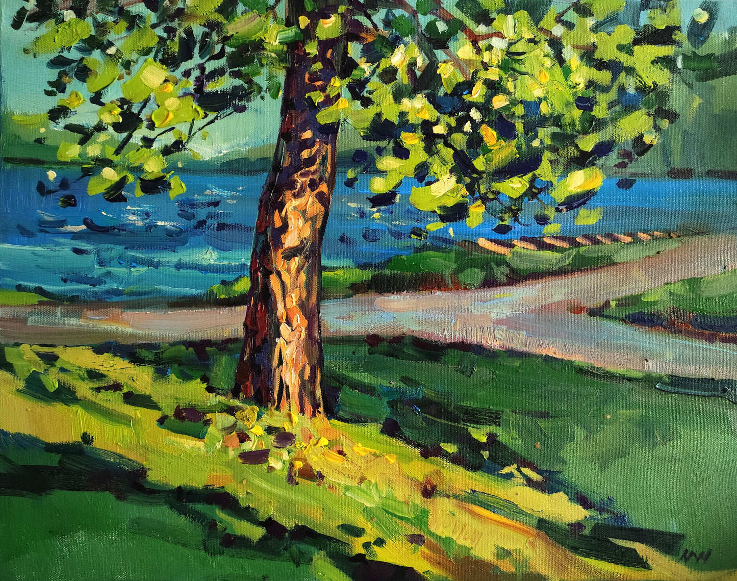 Original oil painting big tree landscape. Summer landscape lake scandinavian oil painting. Impressionist lake oil painting stretched canvas