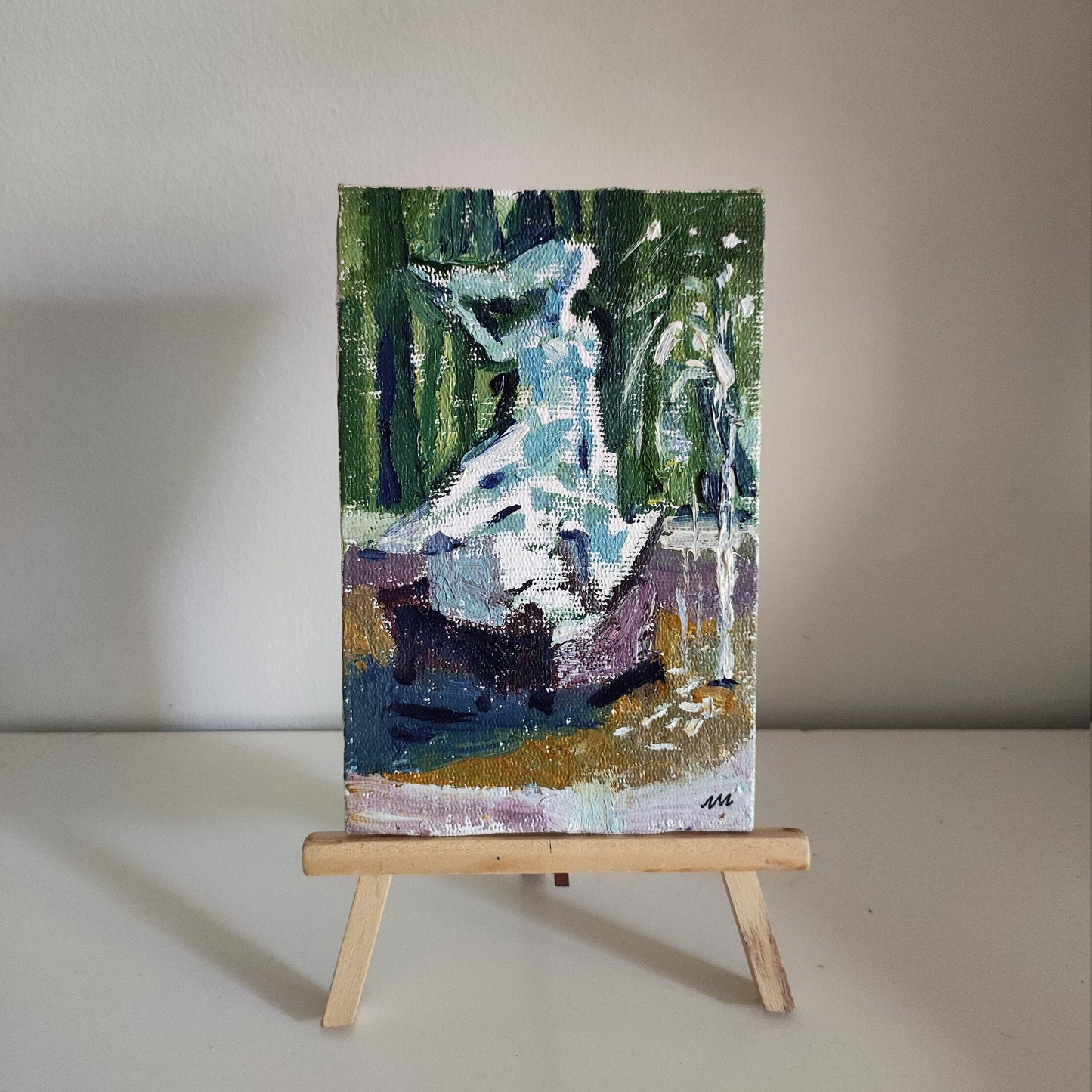 Original oil painting fountain landscape. Summer painting Sculpture impasto oil painting tiny painting impressionist painting small painting