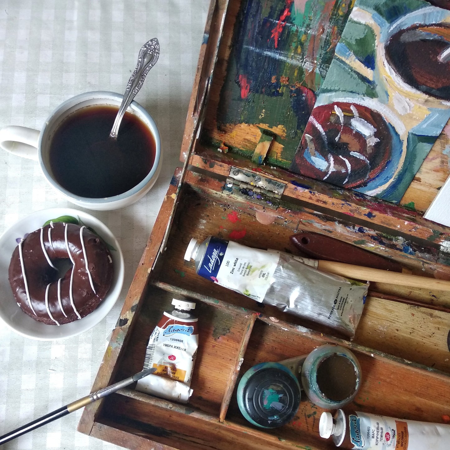 Coffee and chocolate donut. Original oil painting framed in a vintage frame. Cozy kitchen wall art.