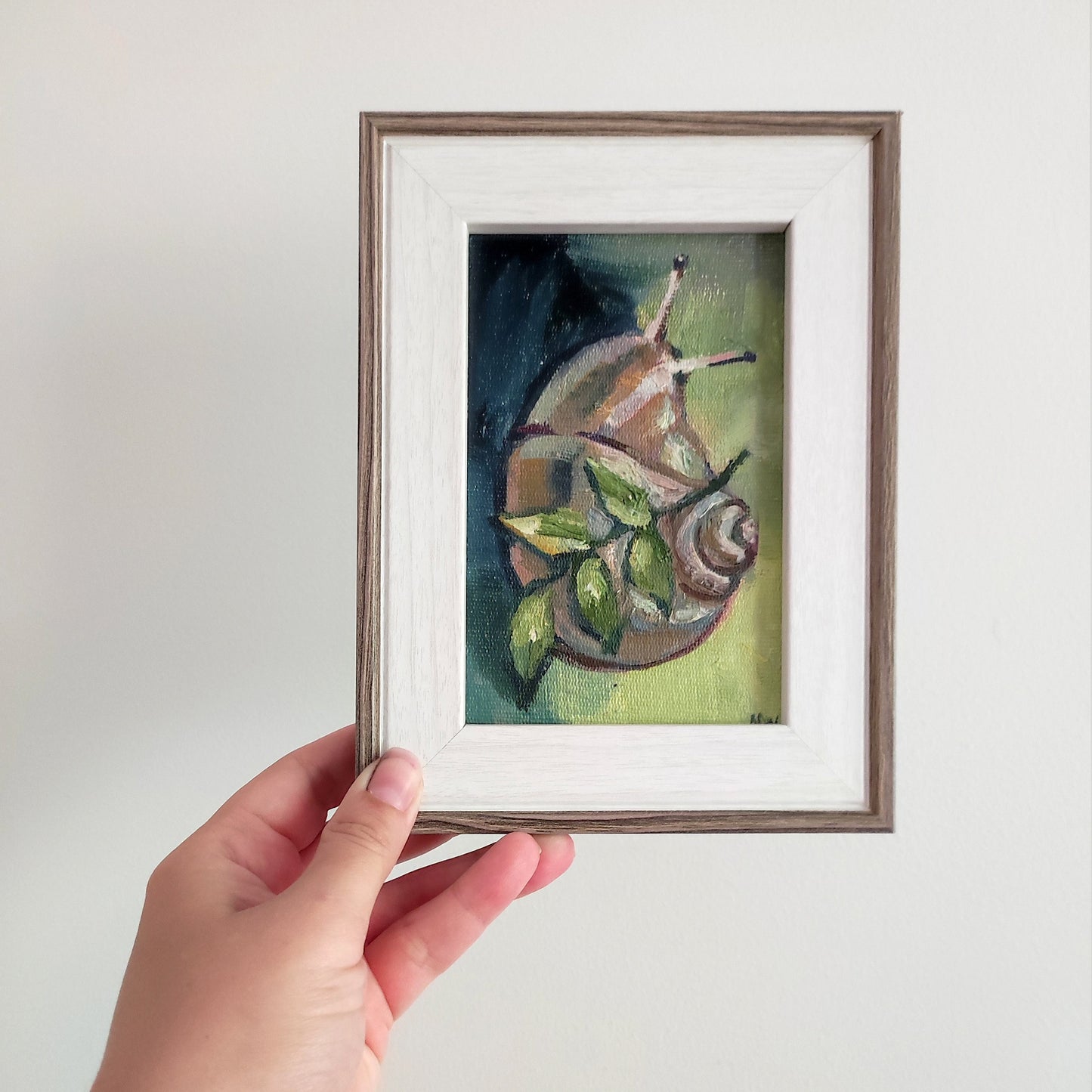 Original snail oil painting. Framed oil painting on canvas board Snail painting Snail art miniature painting forest painting tiny painting