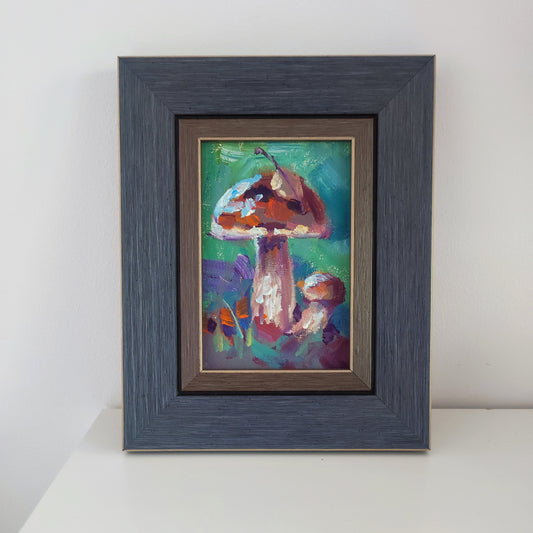 Framed original oil painting mushrooms. Cottagecore forest wall art. Vintage style oil painting on canvas board.