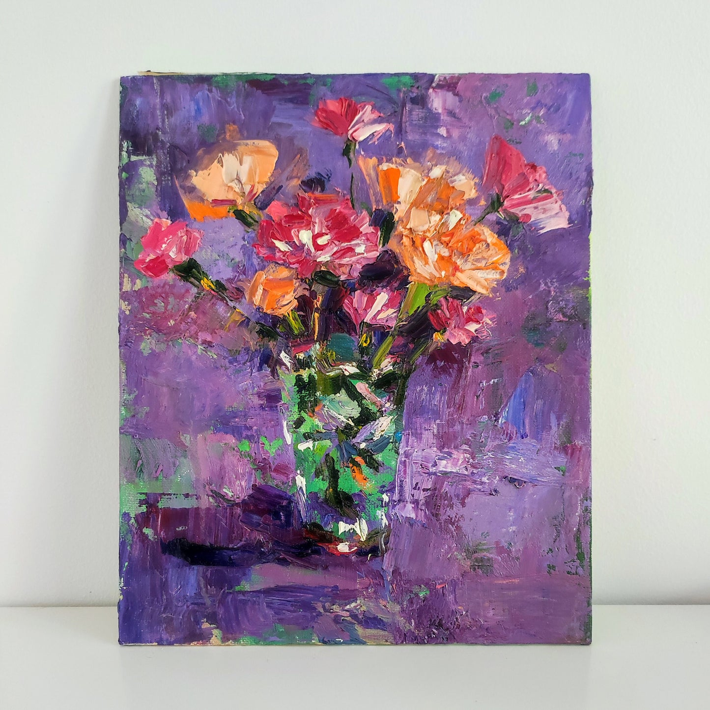 Original oil painting dianthus flowers. Impasto painting wall art. Floral oil painting carnations art work