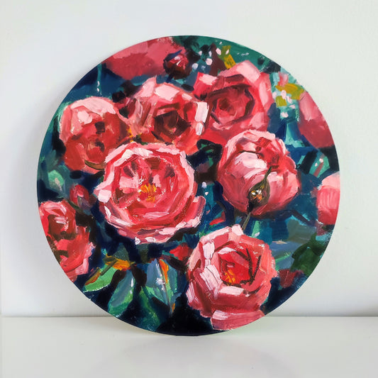 Original oil painting rose flowers. Cottagecore garden roses round wall art. Classic still life impasto oil painting in shape of circle