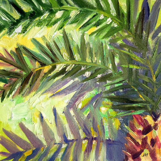 Palm tree. Original oil painting 8x8''. Summer tropic landscape.