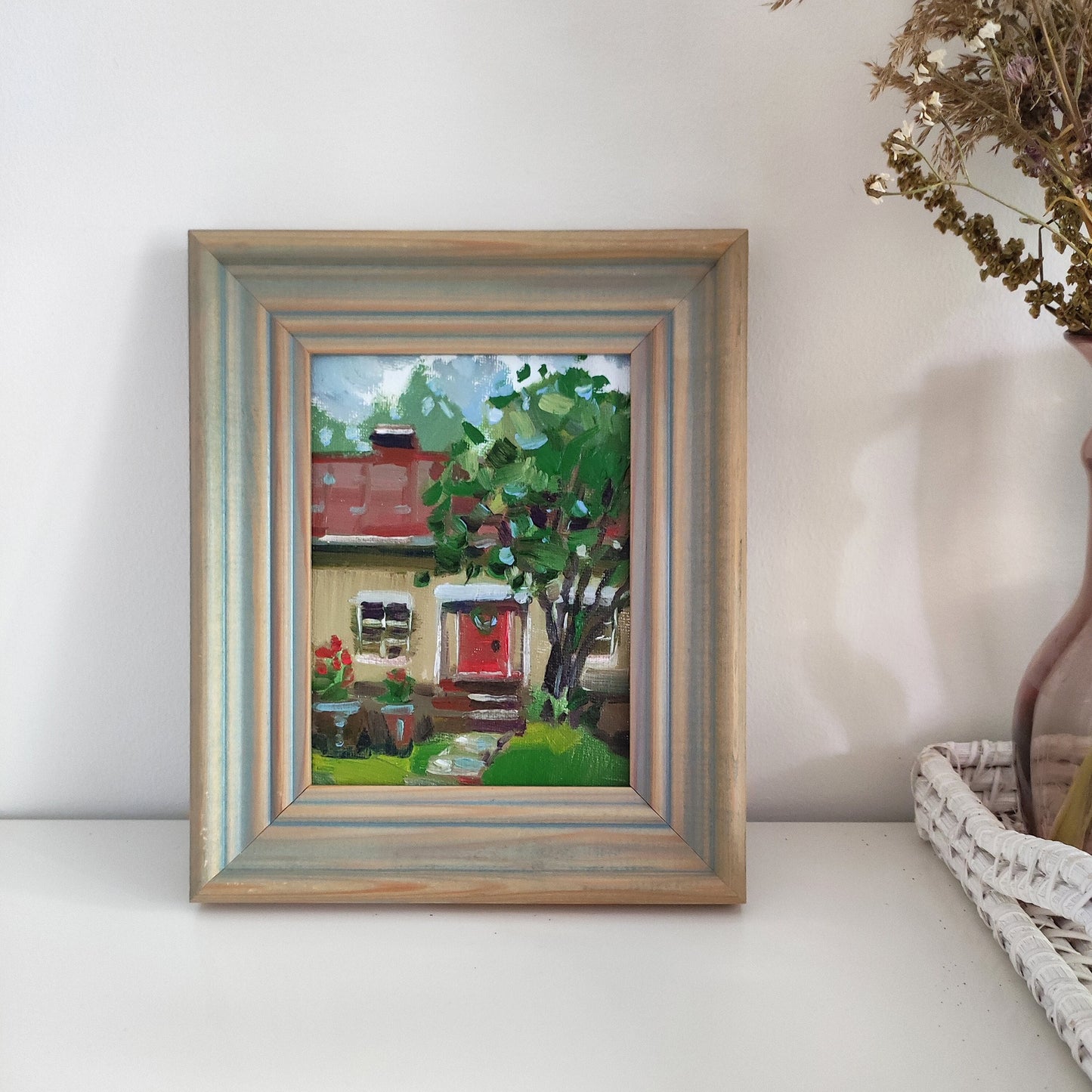 Original oil painting house landscape. Framed wall art, house painting tiny painting sweet home painting house oil painting