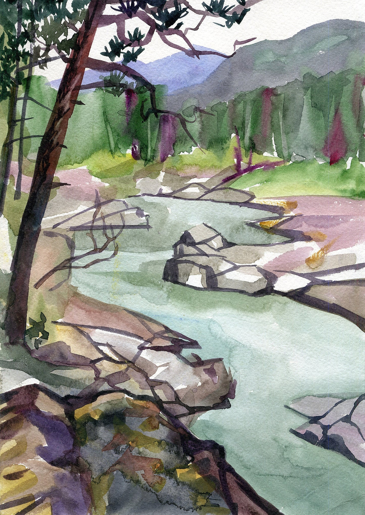 Original watercolor painting landscape. Mountain river wall art Mountain landscape painting mountain wall art Altai mountain stream painting