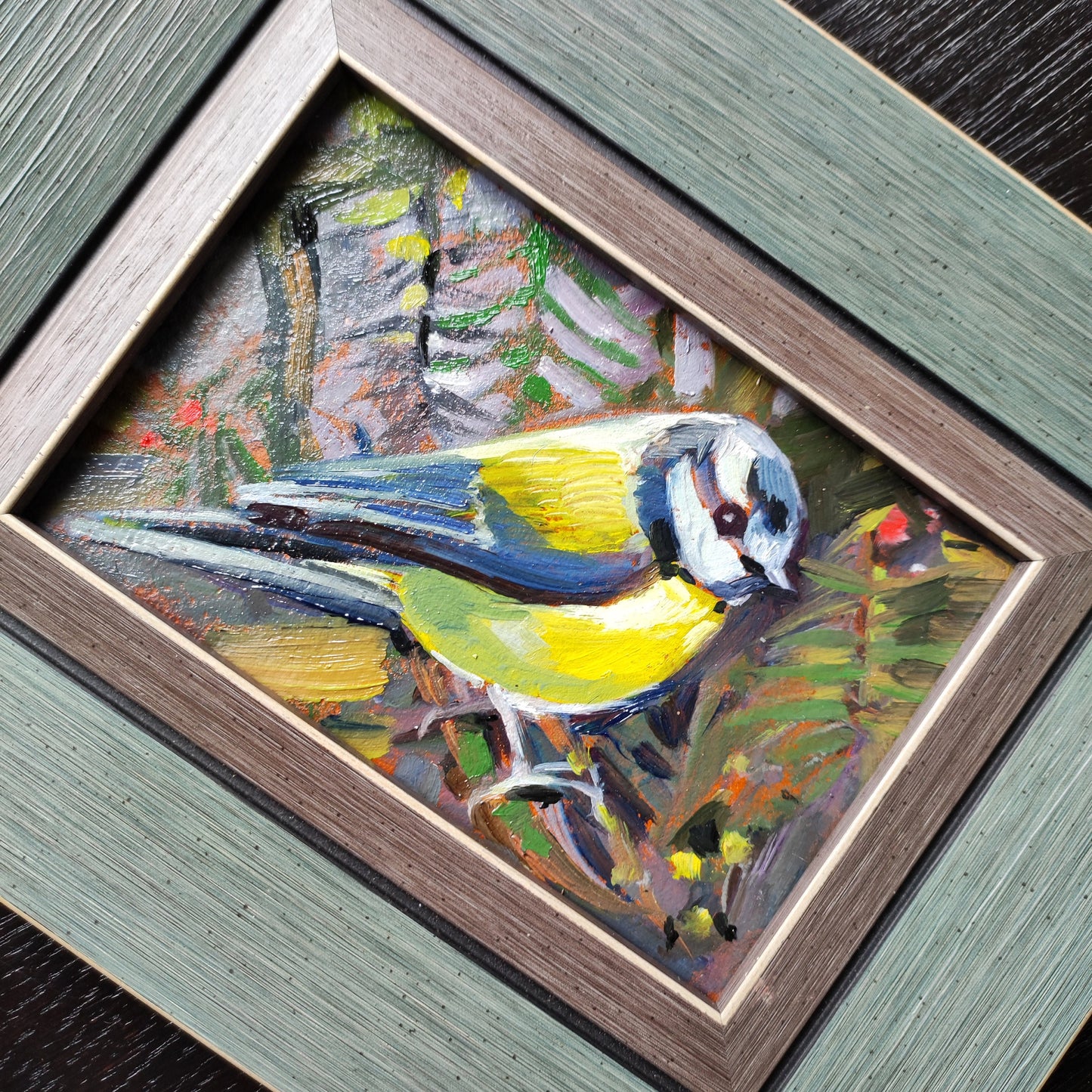 Original Chickadee oil painting. Titmouse wall art. Framed oil painting on cardboard. Chickadee painting Spring forest oil painting