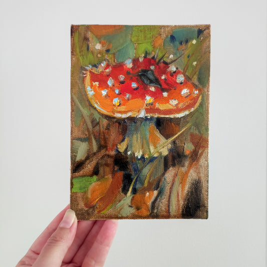 Mushroom Fly agaric original oil painting. Cottagecore forest oil painting. Vintage style oil painting on canvas board. Mushrooms wall art