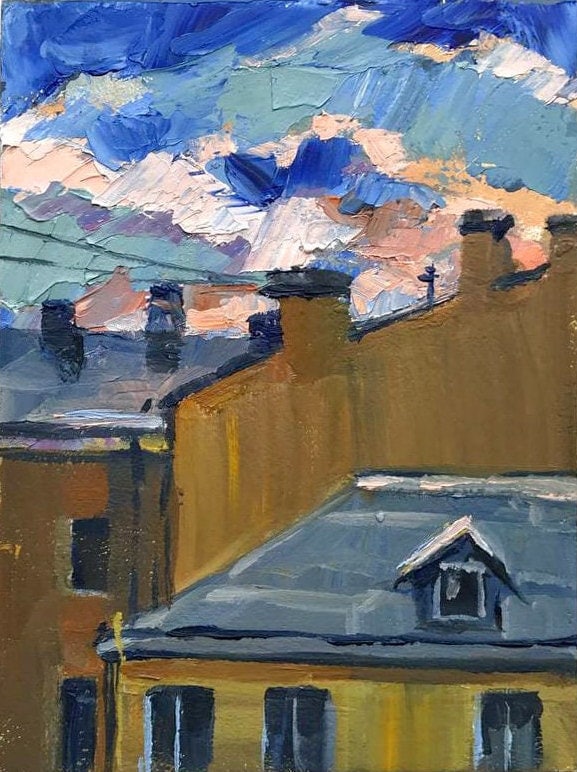 Original oil painting autumn roofs landscape, cityscape Saint-Petersburg. Fall landscape painting. Plein air oil painting