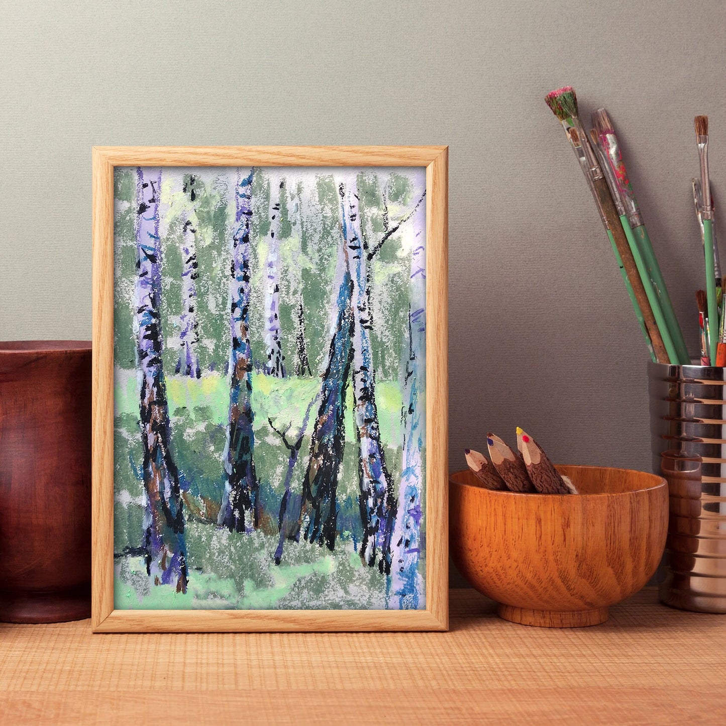 Original pastel painting landscape. Birch tree wall art. Birch painting forest home decor Forest painting. Birch art work. Original art