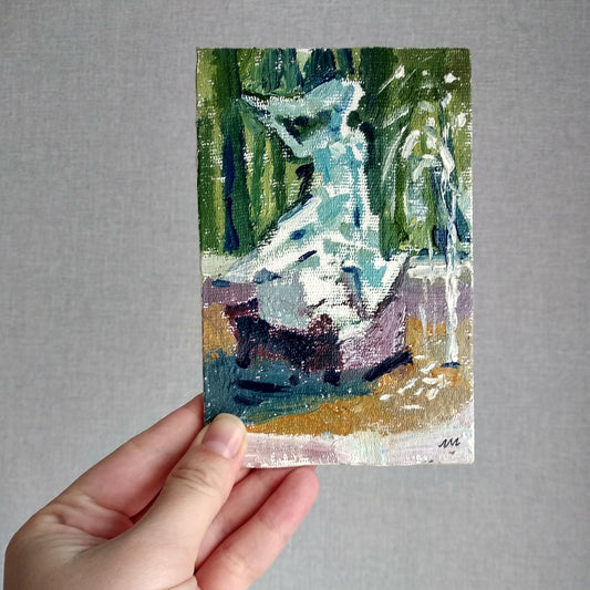 Original oil painting fountain landscape. Summer painting Sculpture impasto oil painting tiny painting impressionist painting small painting