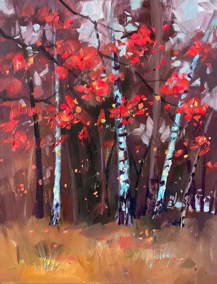 Original oil painting autumn landscape stratched canvas 16x20 Fall landscape oil painting. Birch forest traditional landscape painting large