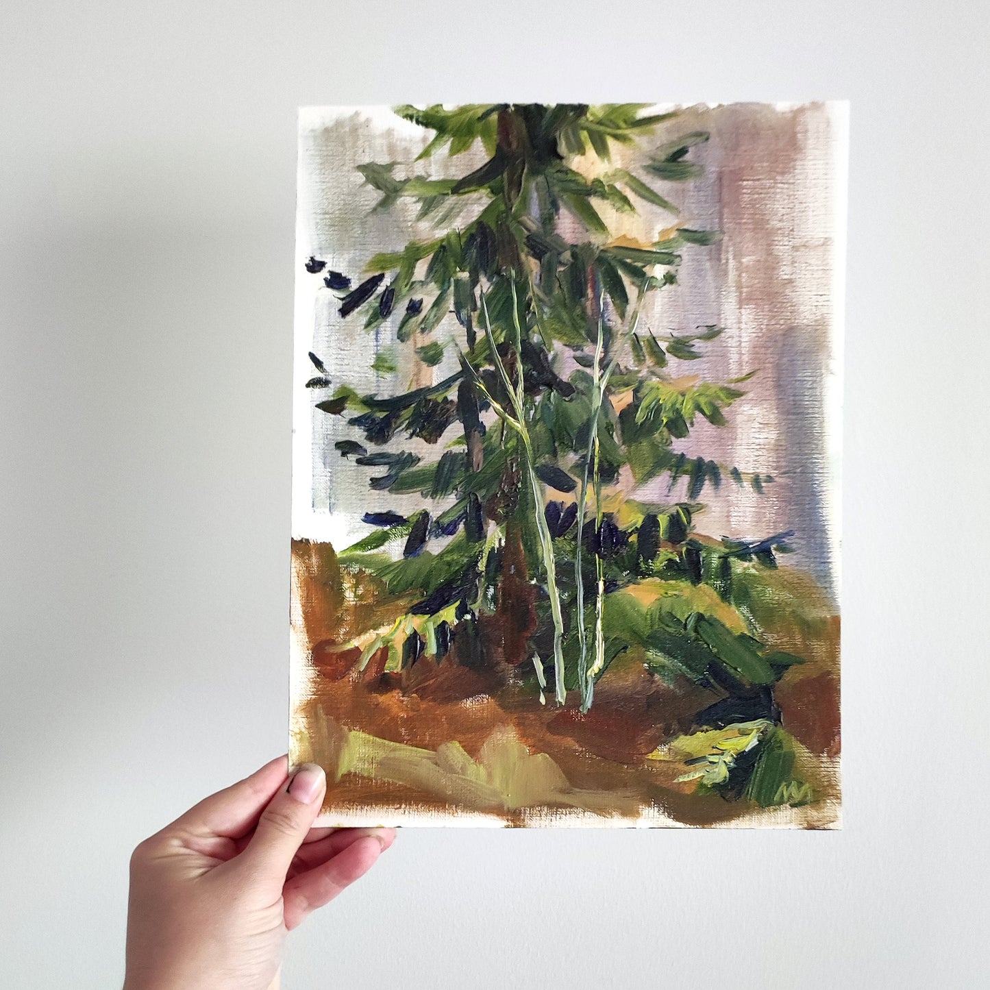 Original oil painting spruce tree landscape. Forest oil painting. Classic oil painting fir tree painting fir forest Scandinavian landscape