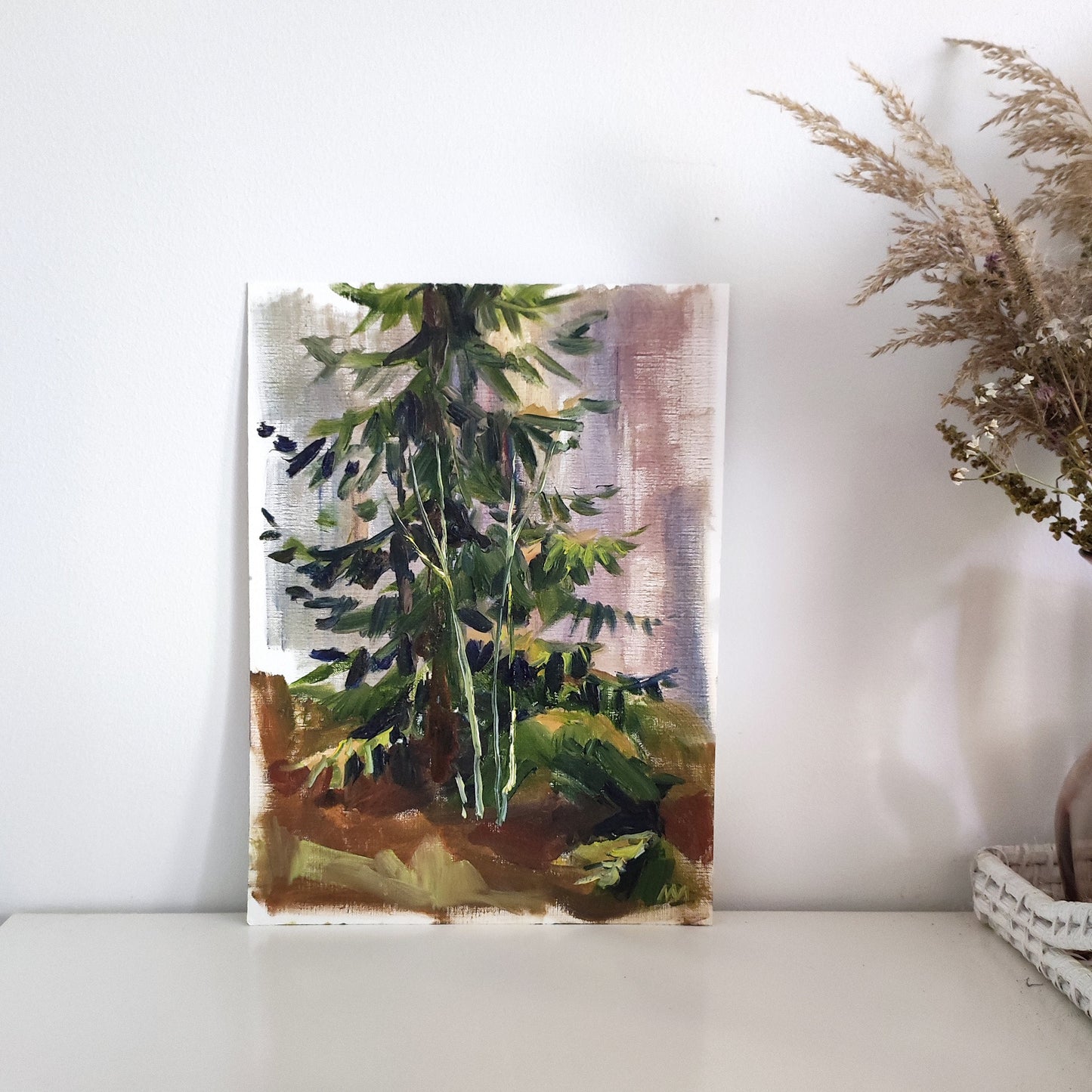 Original oil painting spruce tree landscape. Forest oil painting. Classic oil painting fir tree painting fir forest Scandinavian landscape