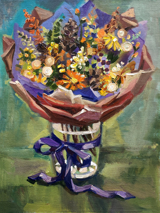 Original oil painting bouquet. Floral painting wall art. Floral oil painting wildflowers art work, bouquet ribbon daisy painting on canvas