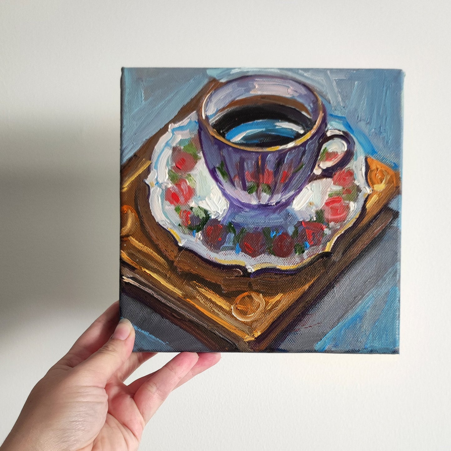 Original oil painting coffee and book. Cozy autumn wall art. Tiny oil painting. Kitchen wall art. Fall tea painting vintage cup painting