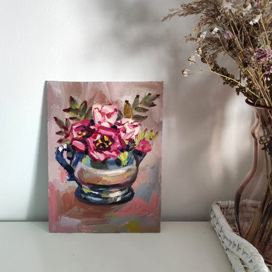 Original oil painting. Pink flowers in vintage vase 6x8''. Cottagecore wall art.