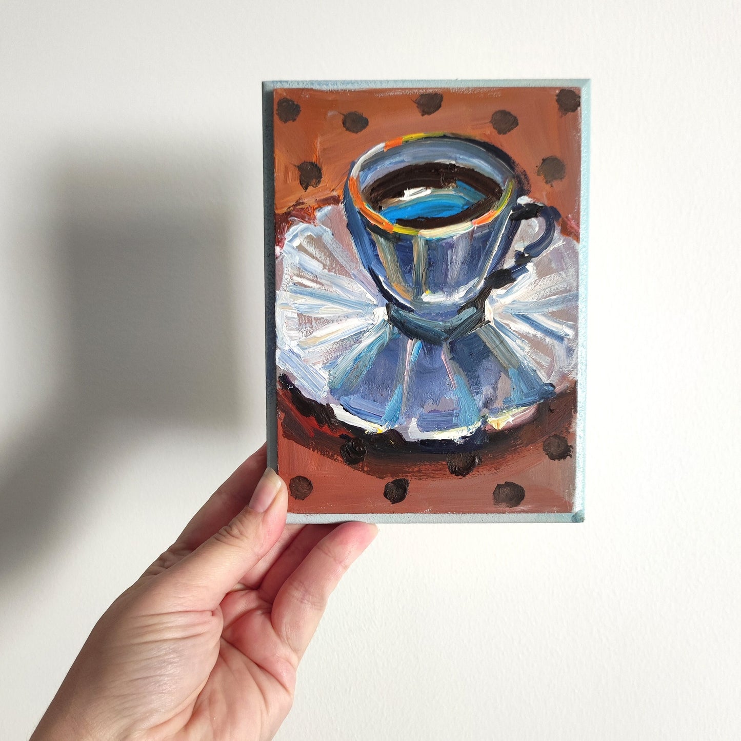 Original oil painting coffee cup. Cozy wall art. Tiny oil painting. Kitchen wall art. Vintage tea painting vintage cup painting