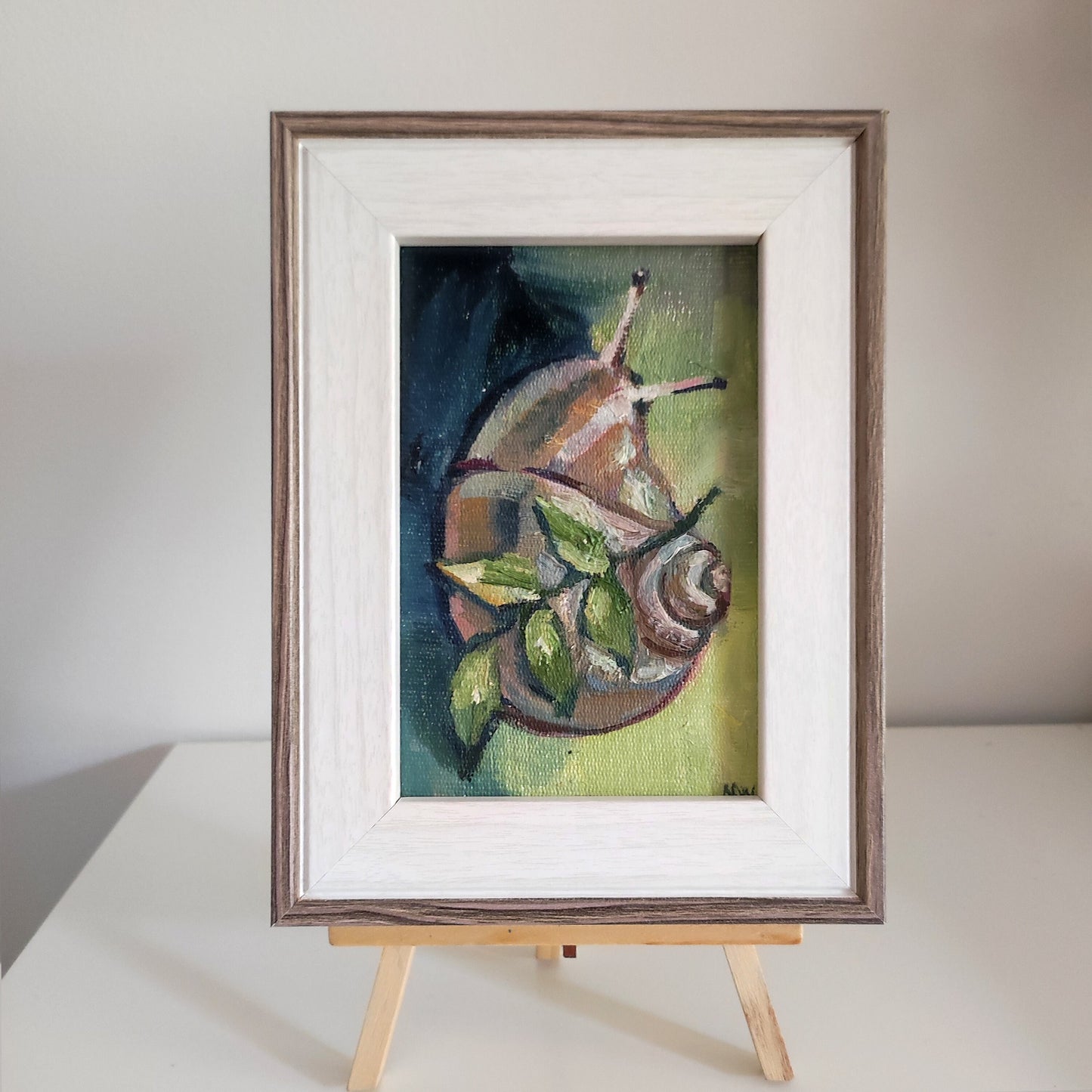 Original snail oil painting. Framed oil painting on canvas board Snail painting Snail art miniature painting forest painting tiny painting