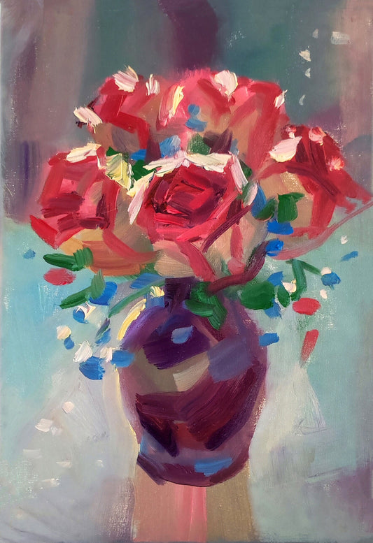 Original painting roses in vase bouquet painting floral oil painting original rose painting Light academia antique oil painting canvas roses