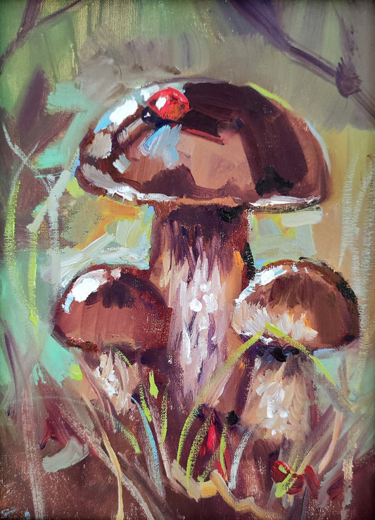 Original oil painting mushrooms. Whimsical forest cottagecore art mushroom ladybug painting Dad with kids fathers day gift original painting