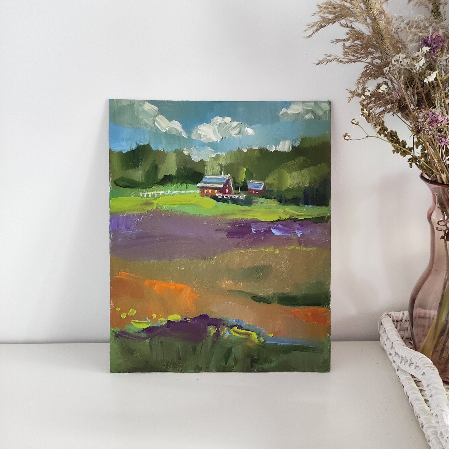 Original oil painting house landscape. Summer field painting tiny painting old barn painting house oil painting farmhouse painting