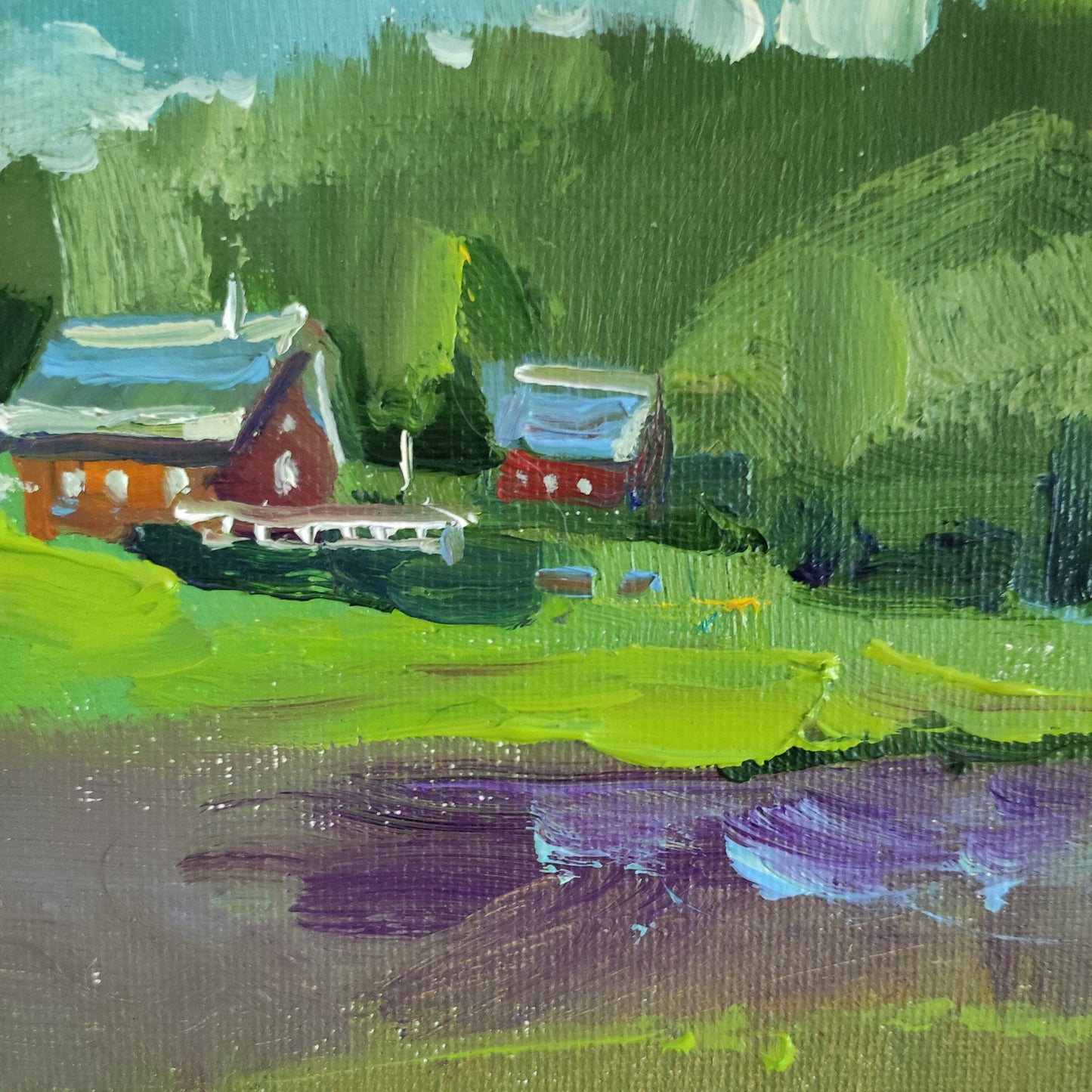 Original oil painting house landscape. Summer field painting tiny painting old barn painting house oil painting farmhouse painting