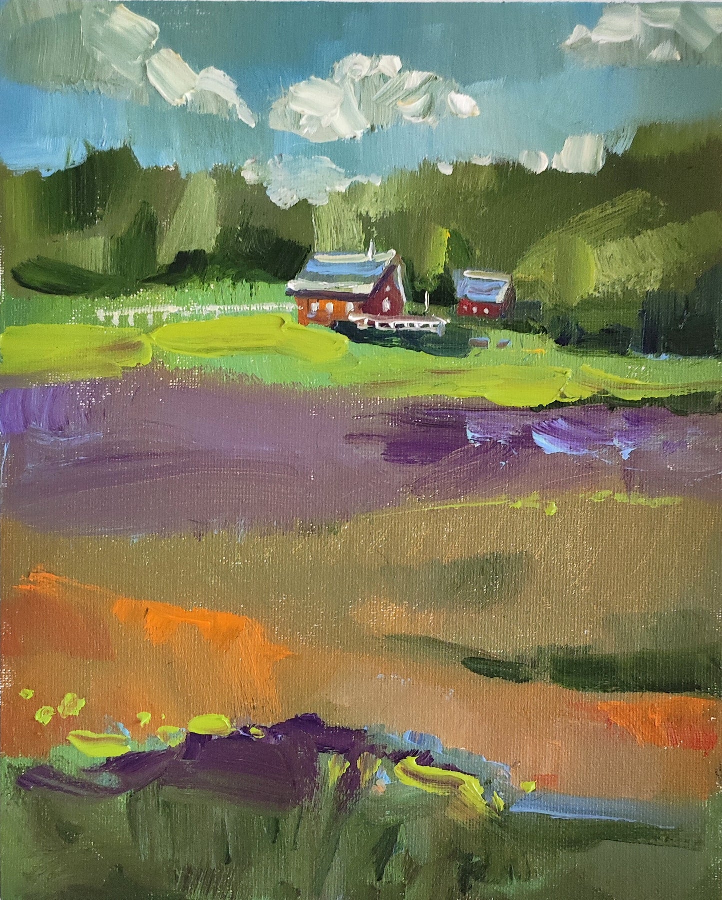 Original oil painting house landscape. Summer field painting tiny painting old barn painting house oil painting farmhouse painting