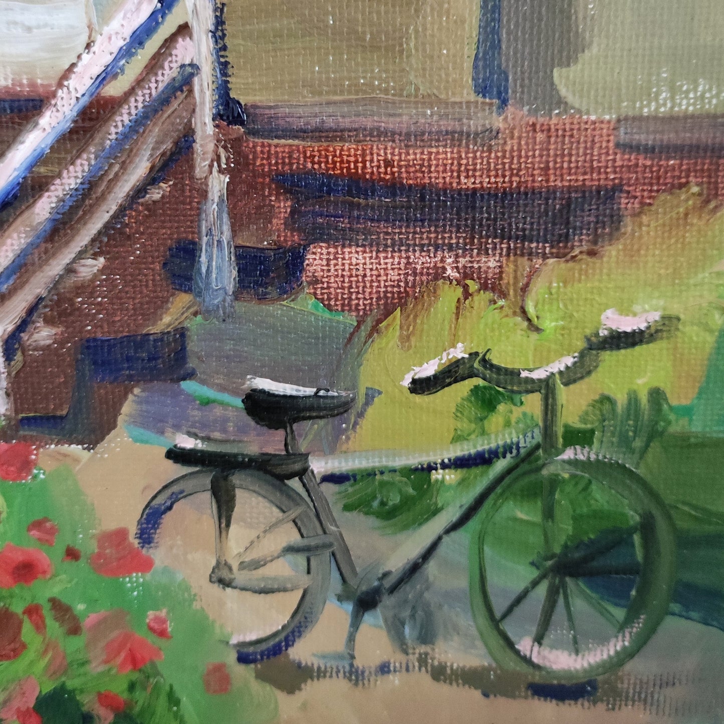 Original oil painting house landscape. House portrait painting tiny painting bicycle painting house oil painting cottage farmhouse painting