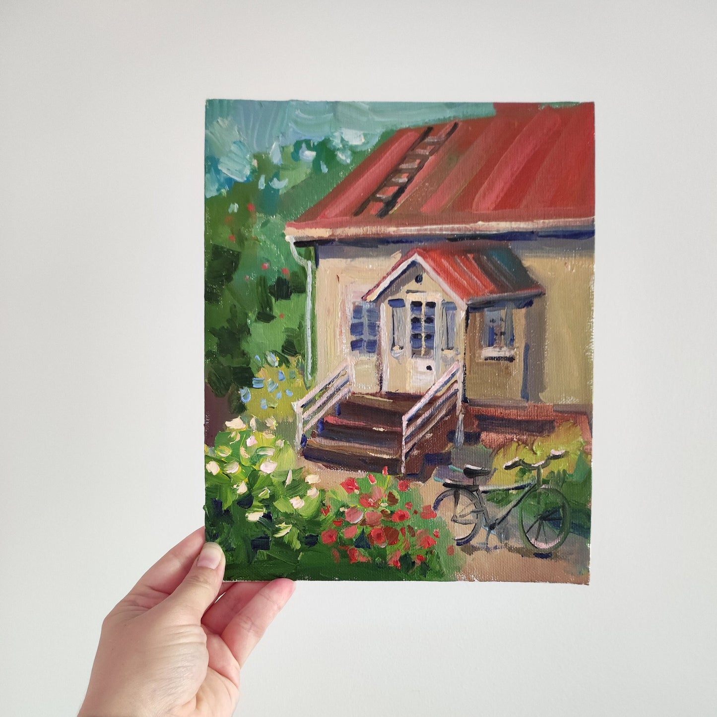 Original oil painting house landscape. House portrait painting tiny painting bicycle painting house oil painting cottage farmhouse painting